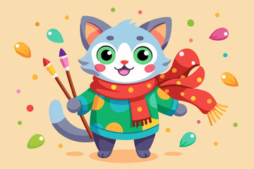 Cute Cartoon Cat – Colorful Red Polka Dot Sweater, Adorable Character Design