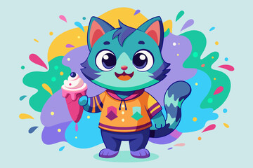 Cute Cartoon Cat – Colorful Sweater, Ice Cream Cone, Adorable Character Design