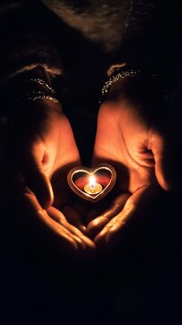 Heart-shaped candle held in cupped hands, glowing in darkness.