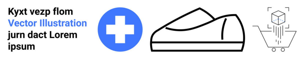 Obraz premium Blue medical cross, minimalist shoe sketch, and digital shopping cart with a cube above it. Ideal for health services, fashion, online shopping, digitalization, e-commerce, minimalism, product