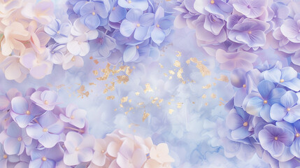 Fototapeta premium Delicate hydrangea flowers painted in soft pastel tones with gold accents 