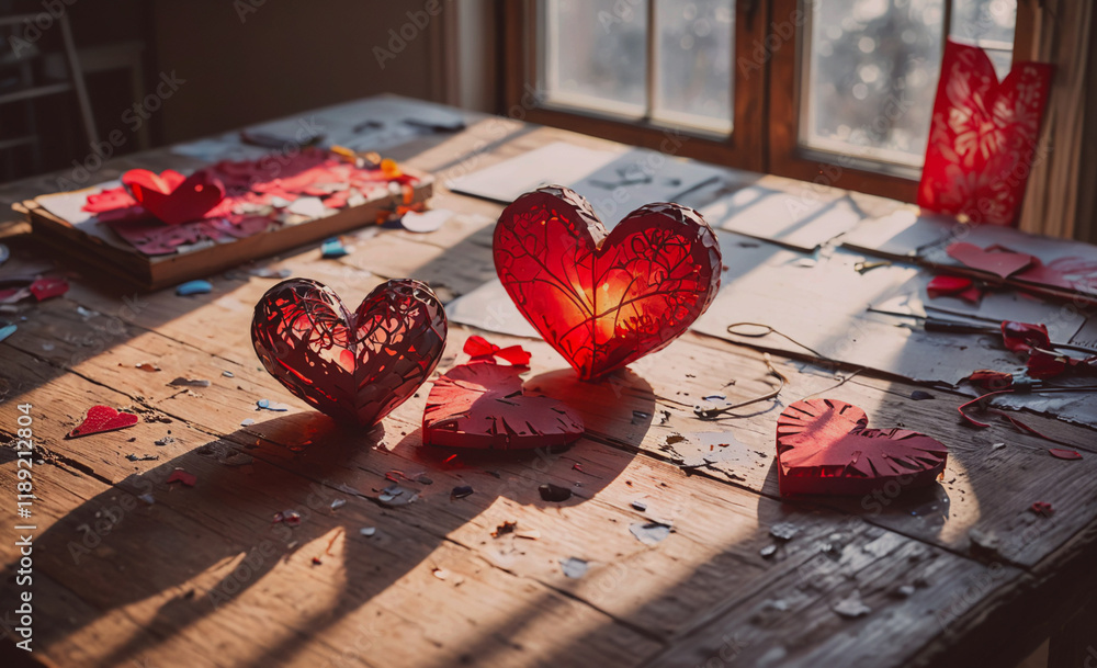 Poster table with three red hearts and a piece of paper with the word love written on it