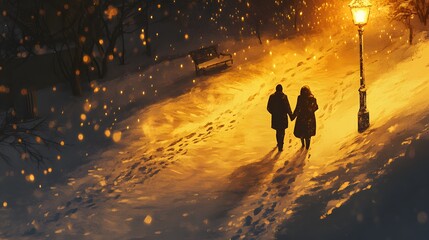 Fototapeta premium Couple walking snowy park path night lamplight romance winter
