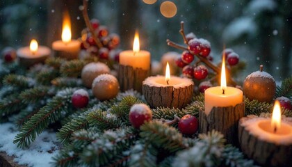 Winter Solstice Altar with Candles and Snow