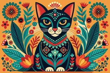 Folk Art Cat – Floral Patterns, Vibrant Colors, Decorative Design