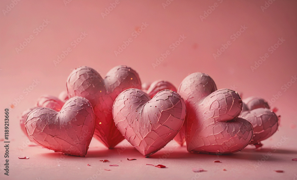 Poster group of pink hearts are arranged in a row. the hearts are slightly damaged, with some of them havin