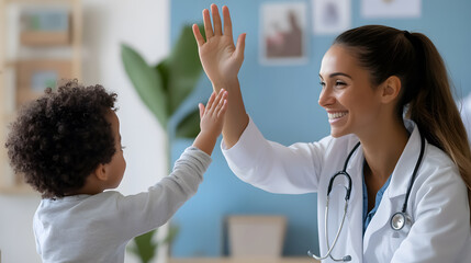 Smiling female doctor giving a high five to a young biracial patient