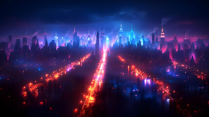 Fototapeta premium Vibrant Futuristic Cityscape at Night with Neon Lights and Glowing Buildings