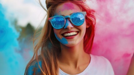 Young woman celebrating with colored powder at a vibrant outdoor festival during a sunny day in summer