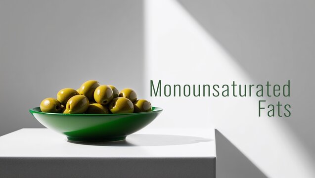 Green olives displayed in a bowl highlighting monounsaturated fats on a minimalist background