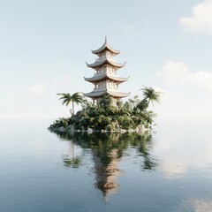 Obraz premium Serene chinese pagoda on an island architectural wonder tranquil landscape digital art aerial view cultural heritage