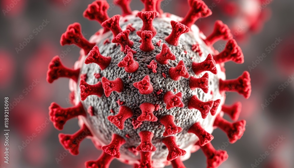 Poster Microscopic view of HMPV virus particle Red spikes and textured surface