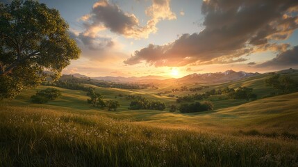 Obraz premium Breathtaking crimson sunset over rolling hills nature landscape tranquil evening viewpoint