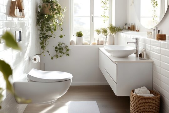 A compact bathroom with smart storage solutions, bright white surfaces, and subtle metallic details