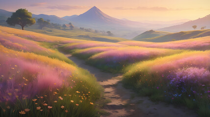 Obraz premium A breathtaking scene of a rolling meadow bathed in the warm light of sunrise. The field is awash with a vibrant array of colors, from the deep purple of wildflowers to the golden hues of tall grasses.