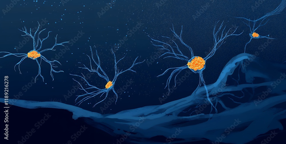 Poster abstract neural network illustration glowing neuron cells connecting in deep blue space