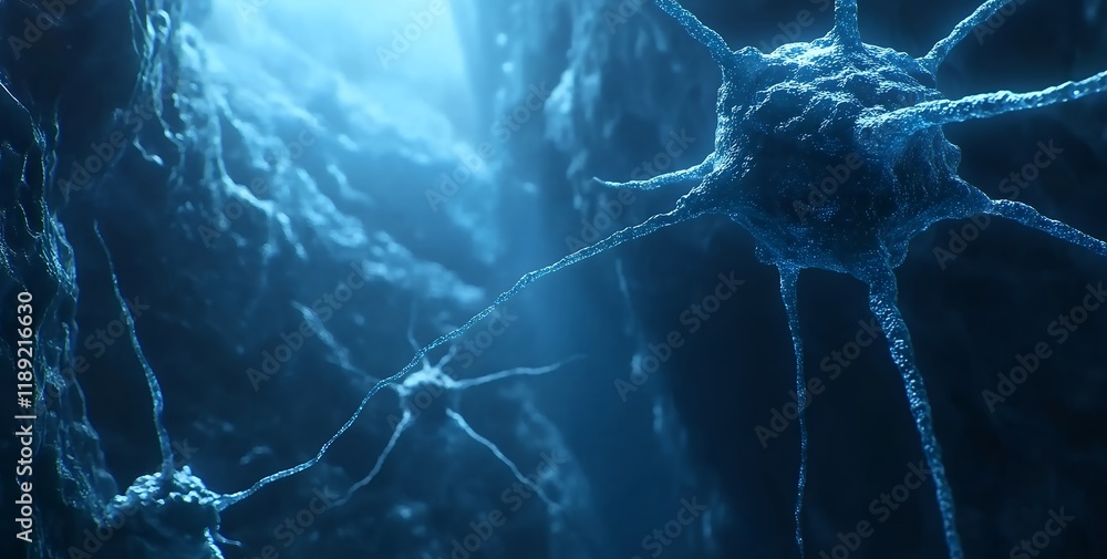 Poster microscopic view of neuron cells neural network brain cell structure synapse connections