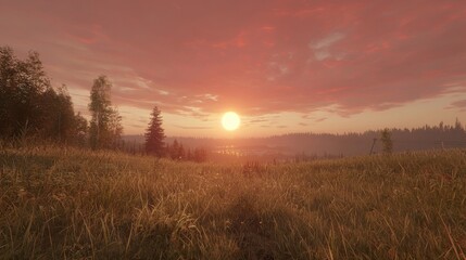 Obraz premium Crimson sunset over tranquil meadow nature landscape evening atmosphere vibrant sky view