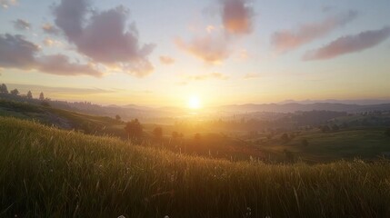 Obraz premium Golden sunset over serene countryside landscape nature peaceful environment tranquil viewpoint