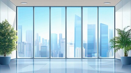 Fototapeta premium Urban Oasis: A modern office space with expansive floor-to-ceiling windows offers a breathtaking view of a bustling cityscape, where natural light floods in, creating a bright and airy atmosphere.