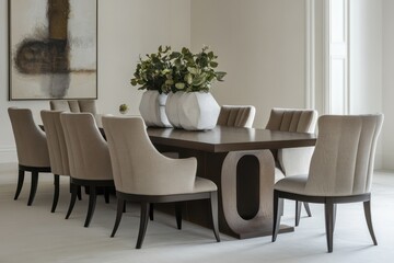 A contemporary dining area with upholstered chairs, a rectangular table, and a modern art...