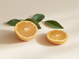 two halves of an orange and leaves on a light background