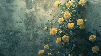 A beautiful bouquet of yellow roses against a muted gray background with a clean area for text.