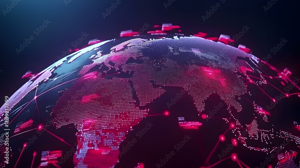 Poster global network panorama, a sweeping view showcasing interconnected nodes and pathways symbolizing wo