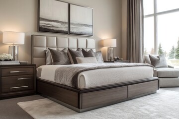 A contemporary guest bedroom with sleek furniture, neutral tones, and metallic accents