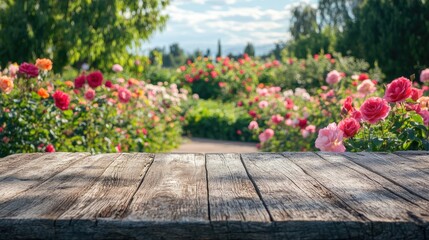 A beautifully aged wooden table positioned before a bright and colorful rose garden.