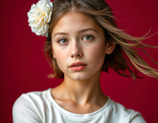 Naklejka premium Portrait of young girl with flower in hair against red background
