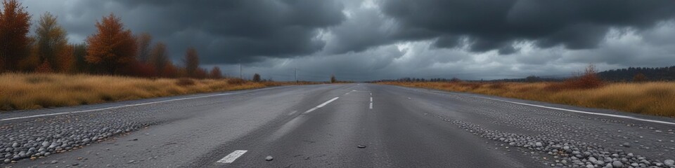 Fototapeta premium Gray European roadway with small stones under a dark autumn sky, autumn leaves, pavement, small stones