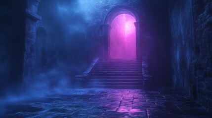 A dark, mysterious cave with a purple light shining through a doorway