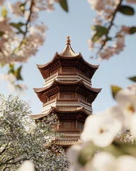 Wandcirkels  Captivating chinese pagoda surrounded by plum blossoms tranquil garden nature serene landscape view  © xbzz
