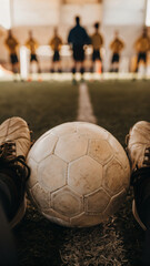 Focus on the soccer ball during practice with players in the background at an indoor facility on a sunny day
