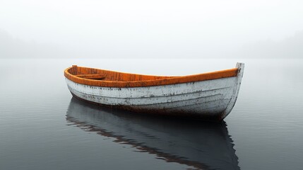 Naklejka premium A small boat is floating on a lake with a foggy sky in the background