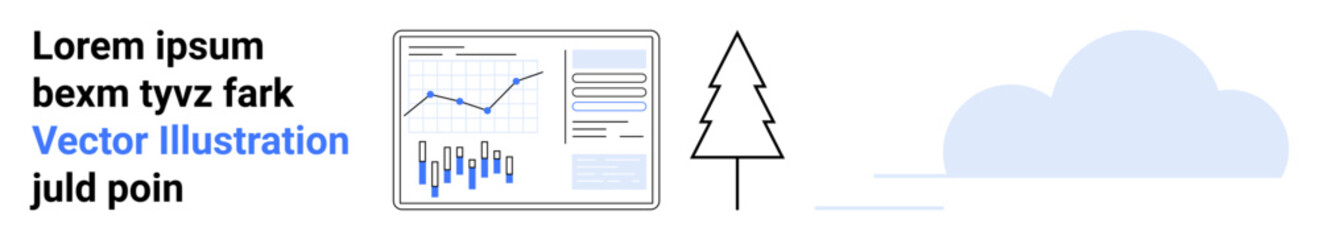 Text, data chart with graphs, stylized tree, cloud. Ideal for business analytics, data visualization, environmental topics, presentations, websites, infographics, landing page