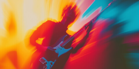 explosive guitar performance with vibrant gradients of red, yellow, and blue, capturing the energy, rhythm, and artistic glow of a live music show in a bold and contemporary visual