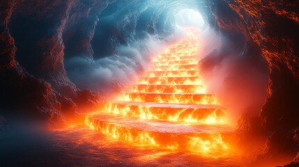 A fiery staircase leading to a bright light