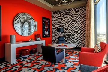 A contemporary office space with bold geometric patterns, sleek furniture, and vibrant colors