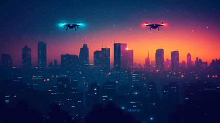 Futuristic cityscape at night drones hover above. Nightstone. Illustration