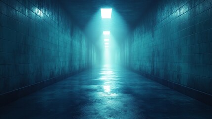 A dark tunnel with a blue light shining down on it