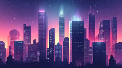 Futuristic cityscape illuminated at night with towering structure. Nightstone. Illustration