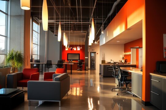 A contemporary workspace featuring suspended lighting, sleek furniture, and bold accent colors