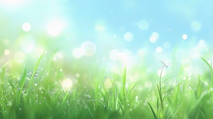 Fototapeta premium Green Grass Under Blue Sky During Spring with Soft Bokeh Effect