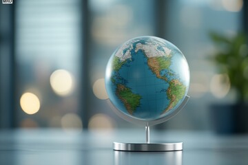 Global connectivity, office desk, blurred background, world map