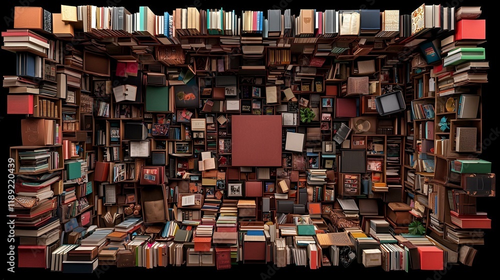 Poster digital library aerial perspective, vibrant layout of books and resources, modern architecture, orga