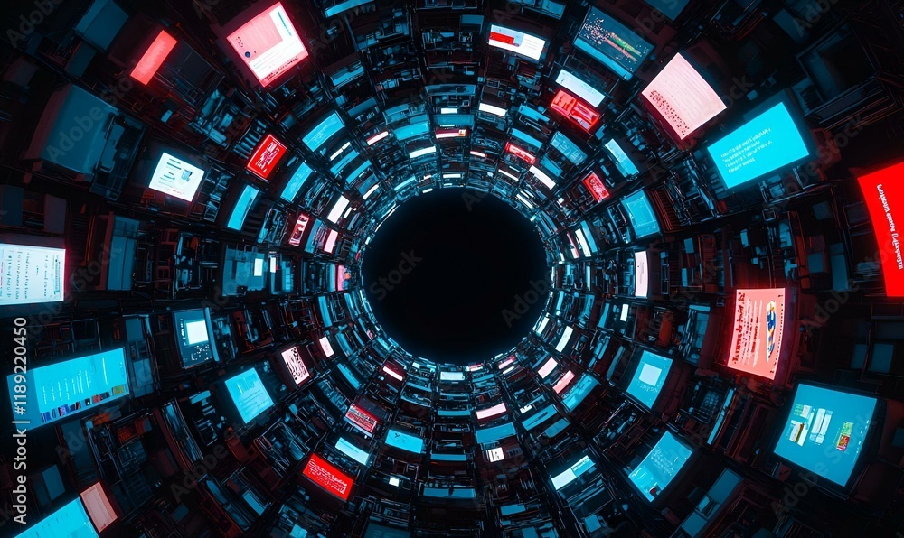 Poster digital realm, a vibrant aerial perspective of a futuristic digital landscape filled with intricate 