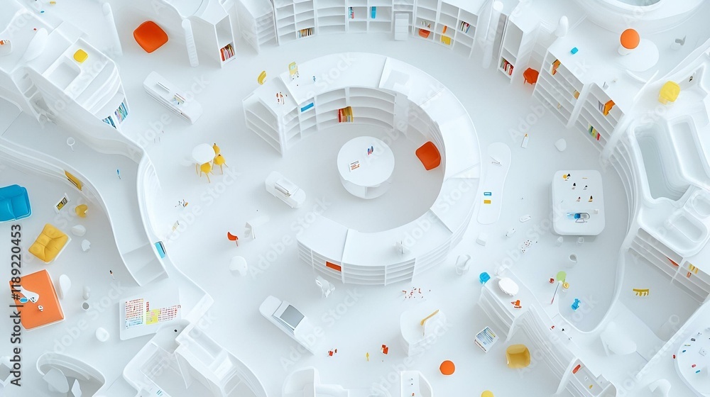 Poster aerial view of a modern digital learning environment, featuring collaborative spaces, advanced techn