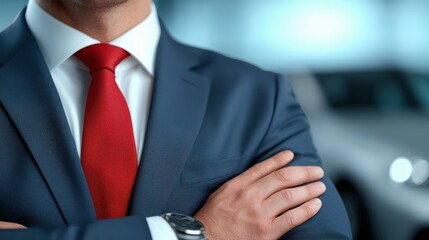Confident Businessman in Suit with Red Tie and Stylish Watch